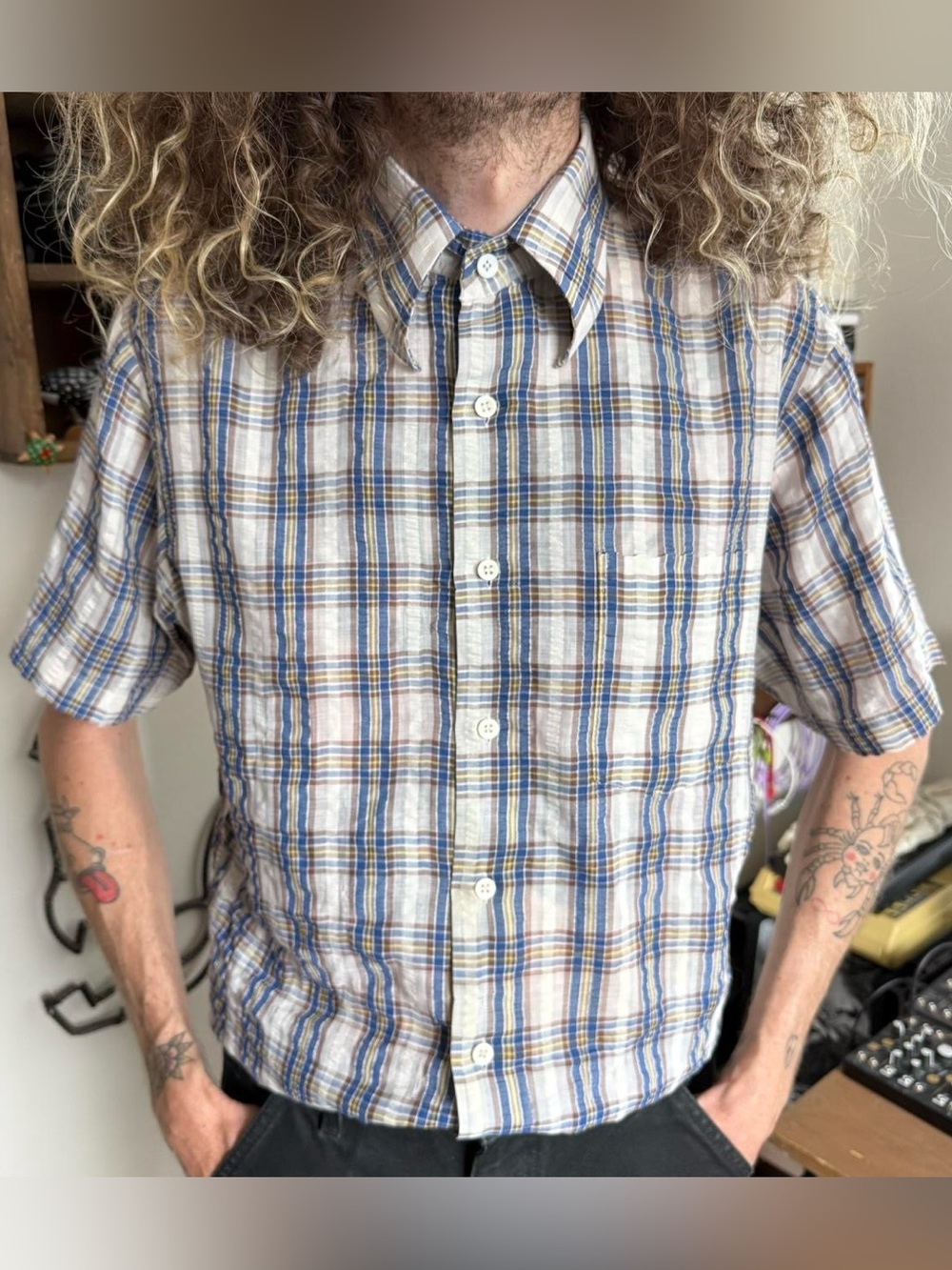 Vintage 70s Plaid Seersucker S/S Button Down Shirt ~ Size Medium